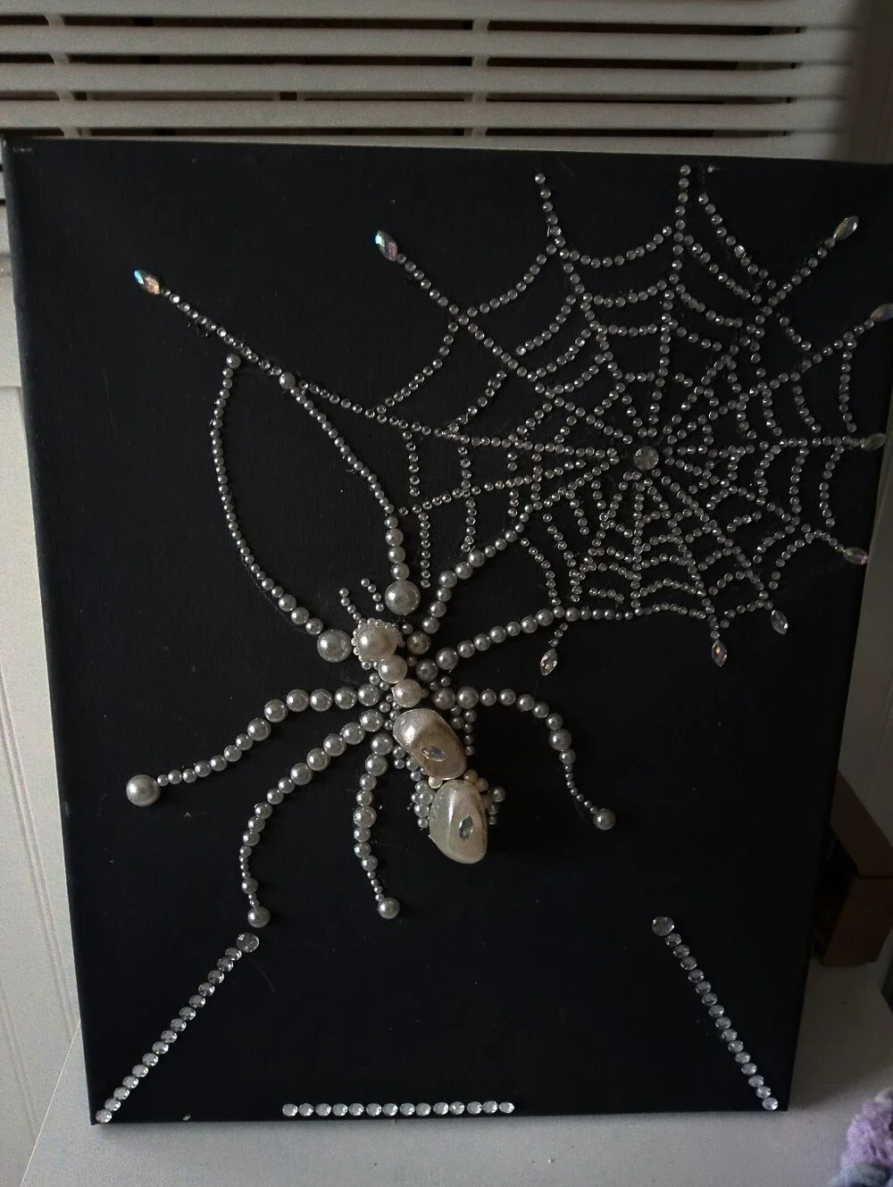 Hand Made And Designed Crystal Pearl Spider Wall Art - Black 11x 14